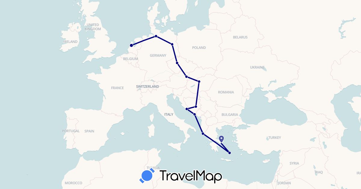 TravelMap itinerary: driving in Austria, Bosnia and Herzegovina, Czech Republic, Germany, Greece, Croatia, Hungary, Netherlands (Europe)